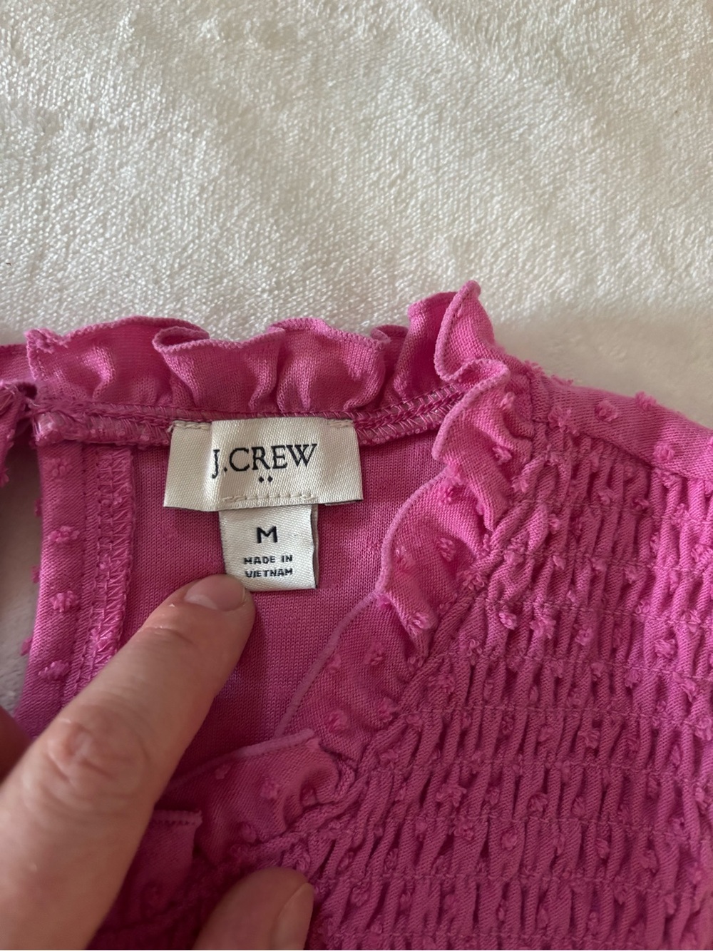 J.Crew Smocked Clip Dot Sleeveless Top Pink Ruffle Neck Size M - Picture 7 of 10